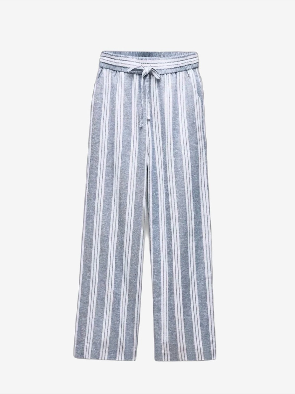 Linen Striped Wide-Leg Drawstring Pants - Blue/White